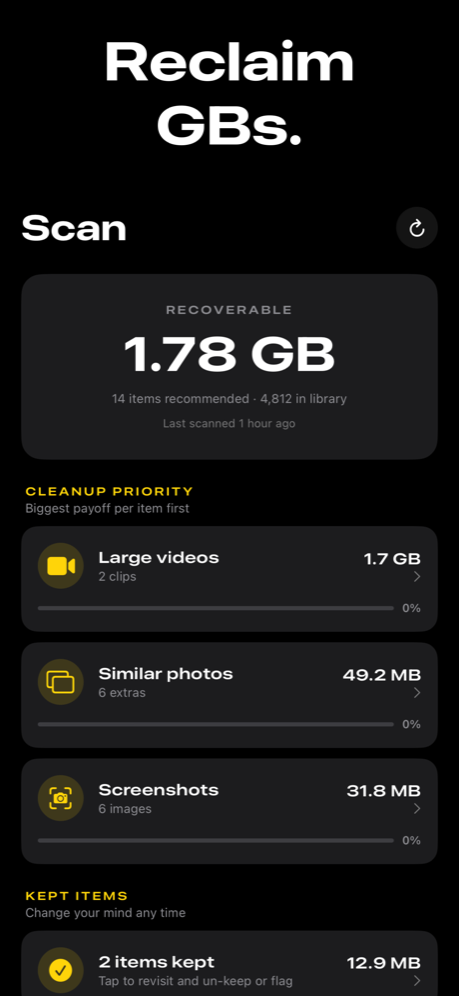 Declutter — scan results revealing storage to reclaim