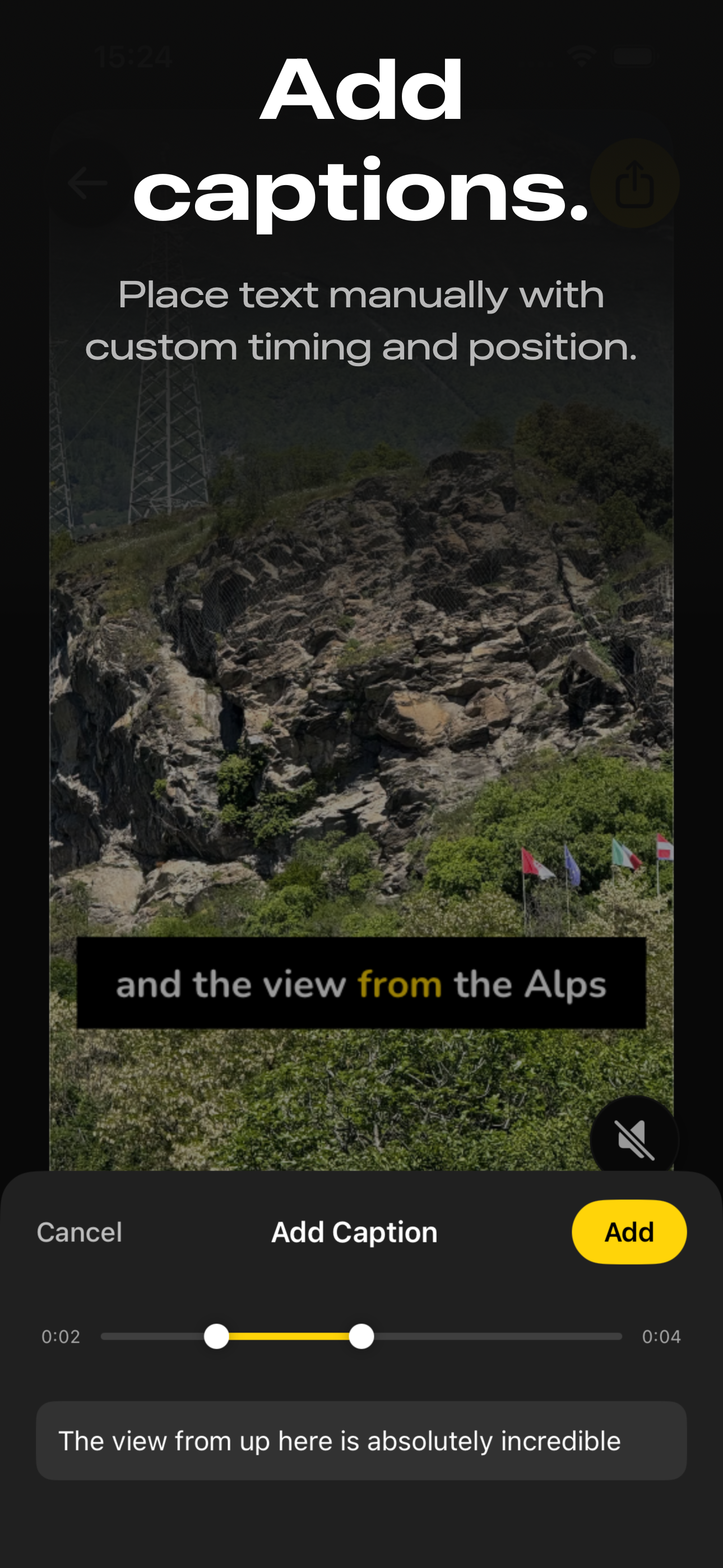 Add Caption — manually place text with custom timing