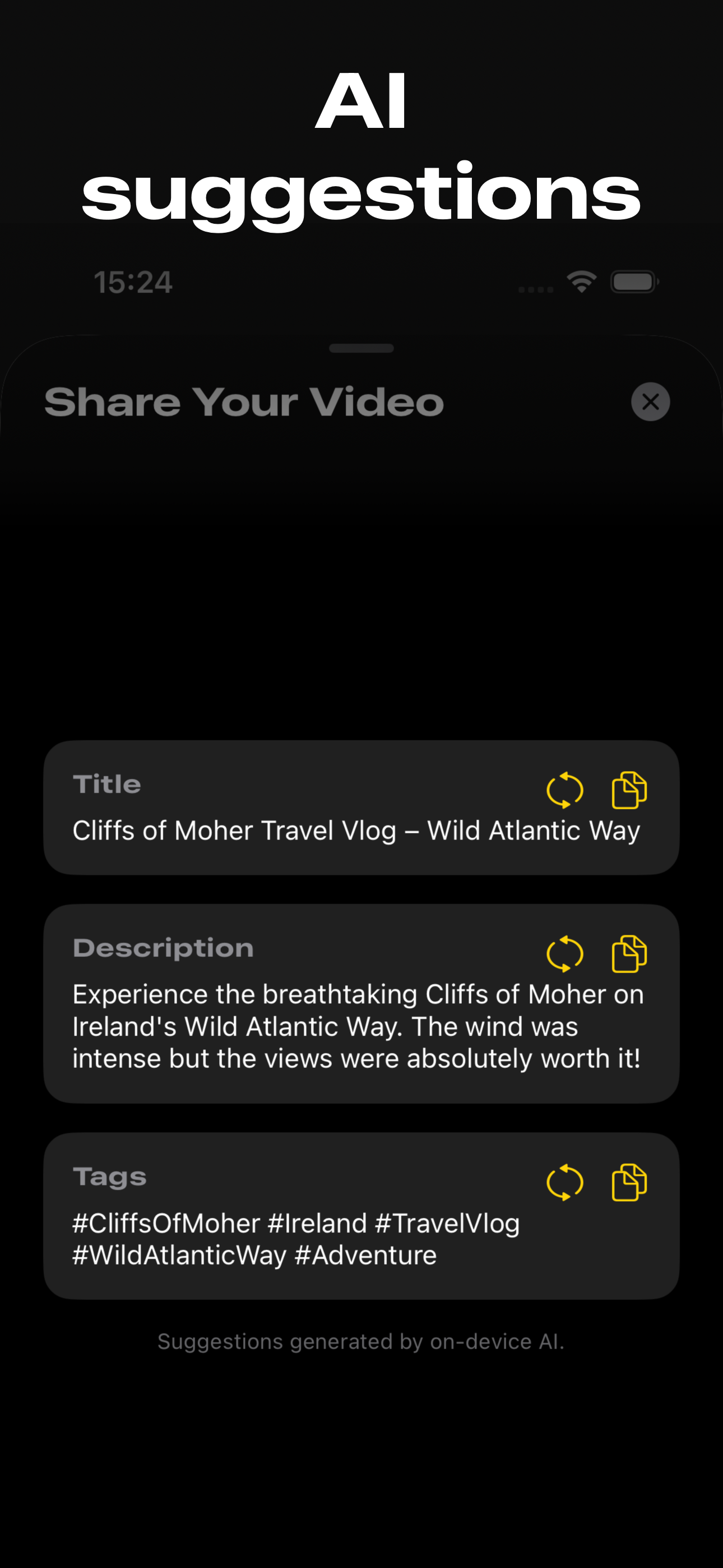 AI suggestions — auto-generated title, description, and hashtags